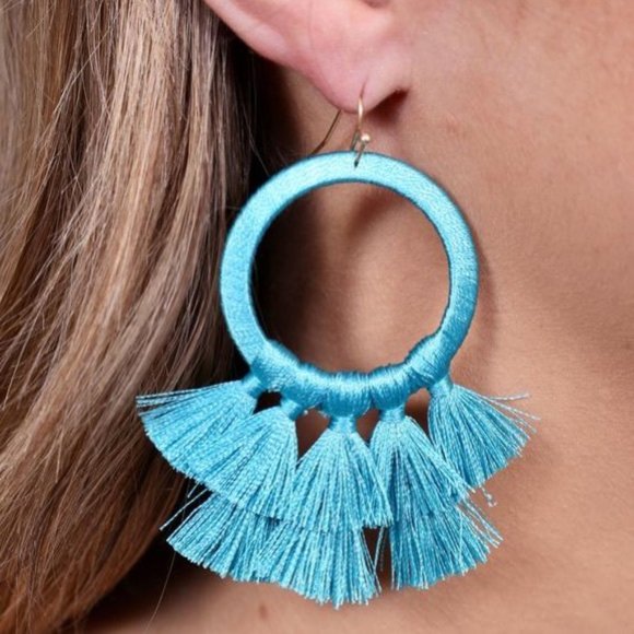 Turquoise Thread Wrapped Round Earring w/ Tassels - Picture 1 of 4